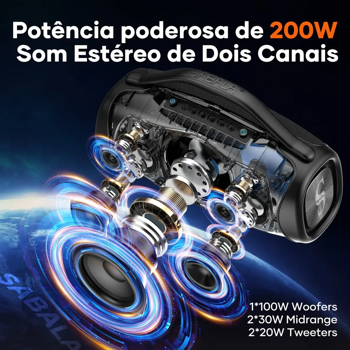 Caixa De Som Bluetooth 200w 39000mah Tws Ipx6 Sabala Dr-909 Preto 127/220v