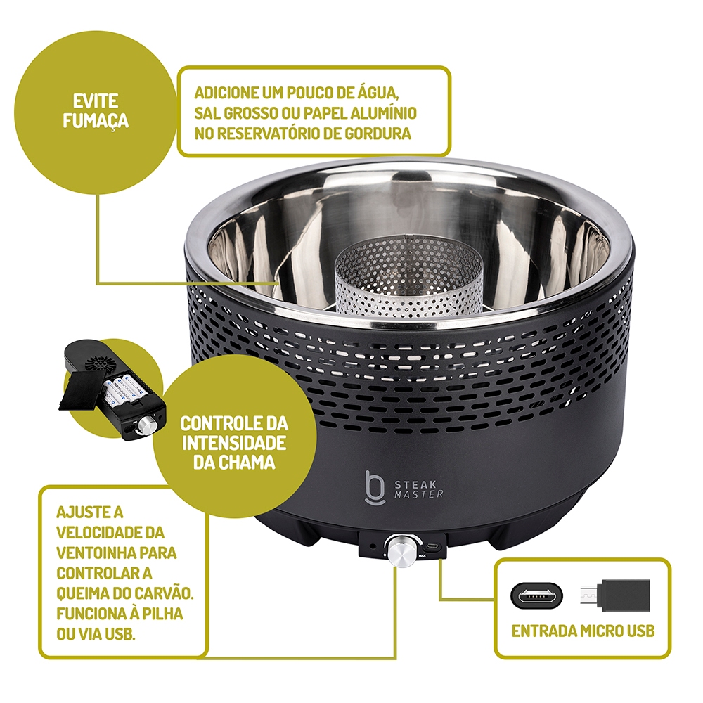 Churrasqueira Portátil A Carvão Biscuitt Steak Master Smoke & Fire USB Com Bag - 5