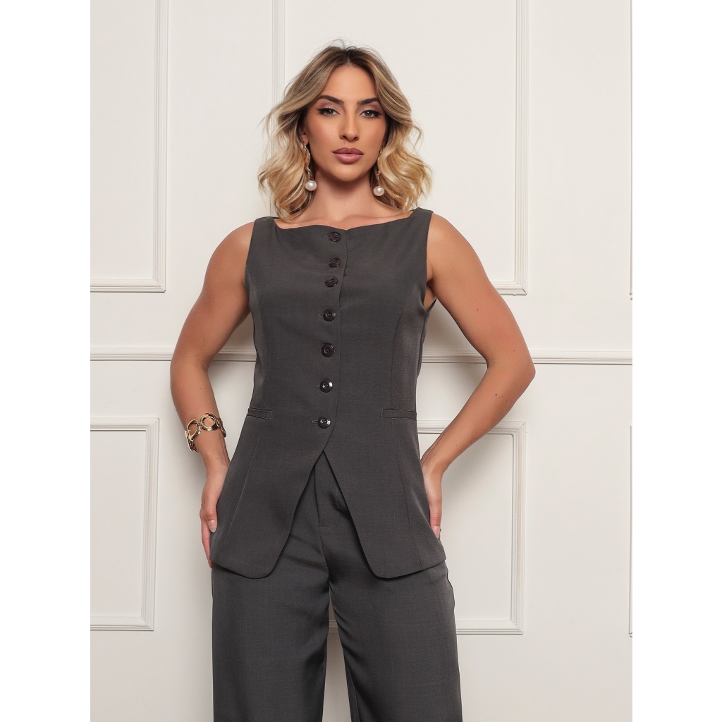 Conjunto Feminino de Trabalho em Alfaiataria Laris Blusa com Botões e Calça Social - 3