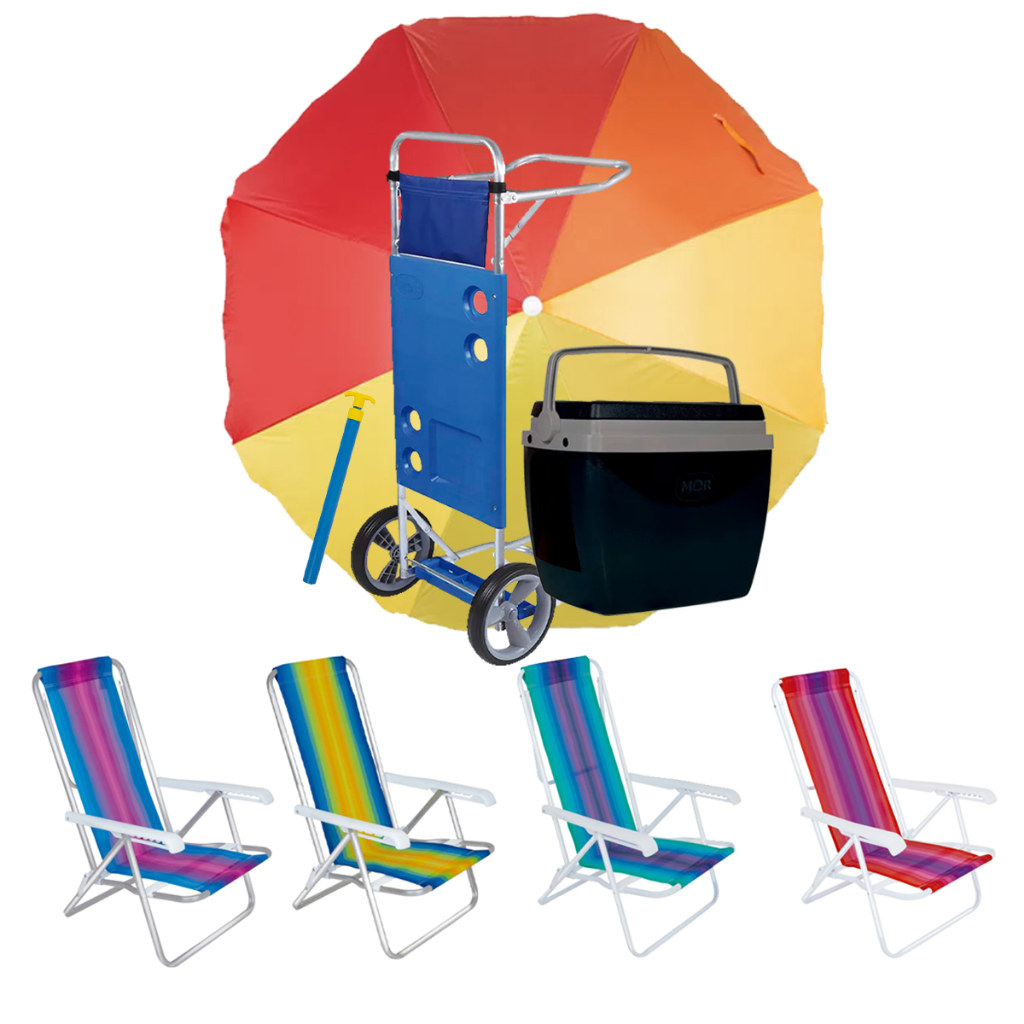 Kit Praia 4 Cadeiras Sortidas Reclinável + Guarda Sol Fashion + Saca Areia+ Carrinho+ Coller 18 Lts - 3