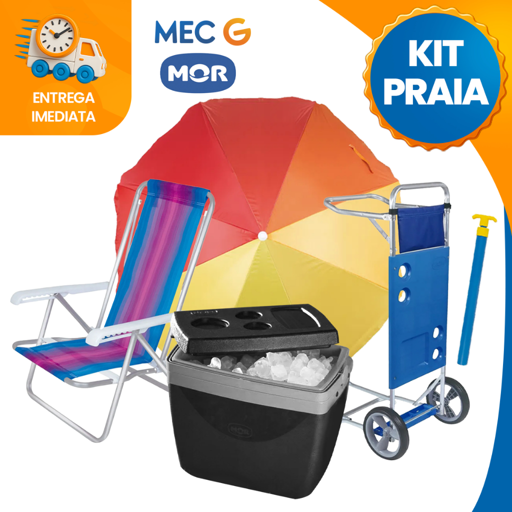 Kit Praia 4 Cadeiras Sortidas Reclinável + Guarda Sol Fashion + Saca Areia+
                      Carrinho+ Coller 18 Lts