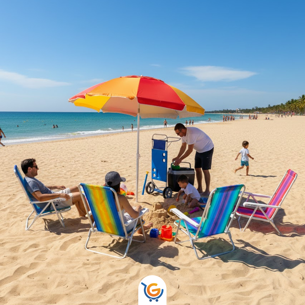 Kit Praia 4 Cadeiras Sortidas Reclinável + Guarda Sol Fashion + Saca Areia+ Carrinho+ Coller 18 Lts - 6