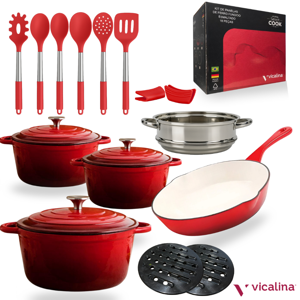 Kit conjunto de panelas de ferro esmaltadas luxo 18 peças