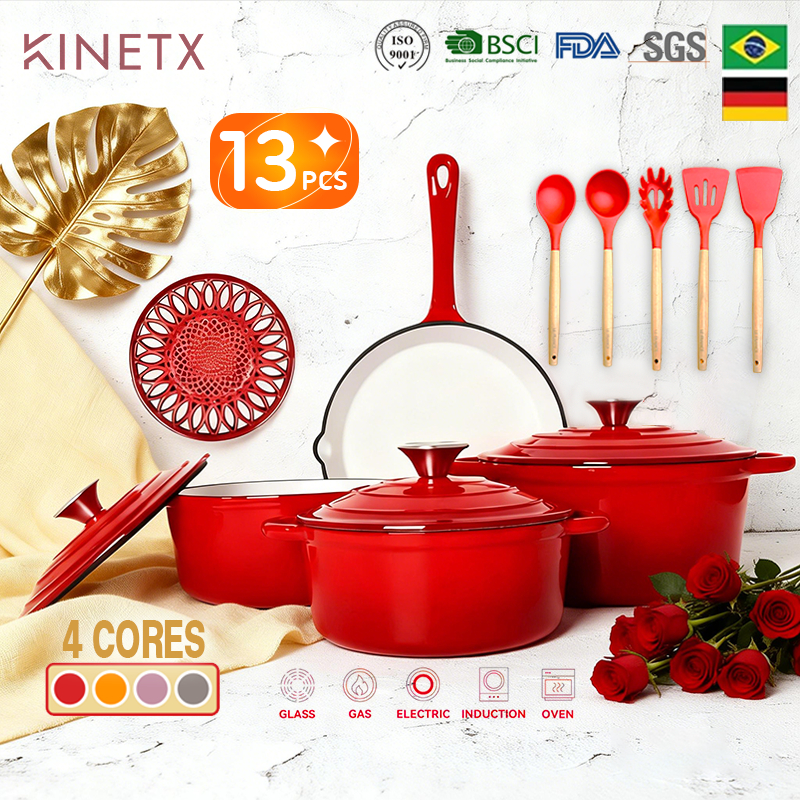 Jogo de Panelas 13 Peças Ferro Fundido Esmaltado Premium Alta Resistência
                      Antibacteria Mantenha aquecido e fresco