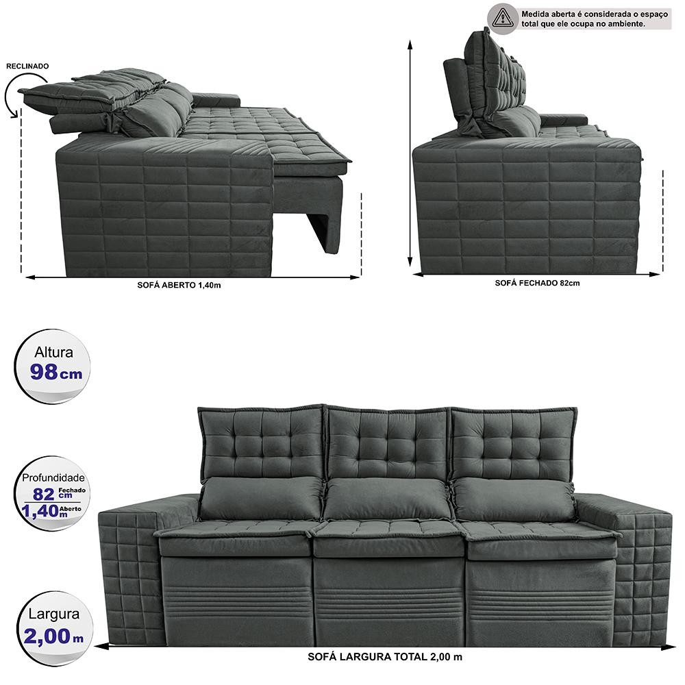 Sofá 3 Lugares Retrátil e Reclinável Cama inBox Senses 2,00m Velusoft Cinza - 3